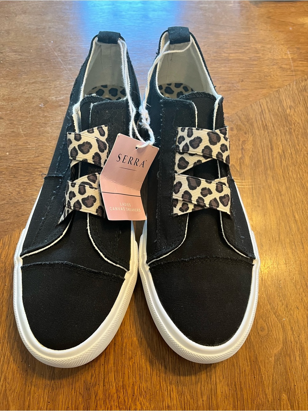 Serra Black Canvas Slip-On Sneakers with Leopard Bow Accent memory foam soles